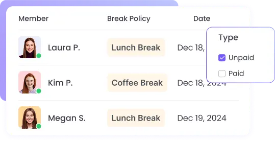 Paid and unpaid break tracking for accurate payroll calculation